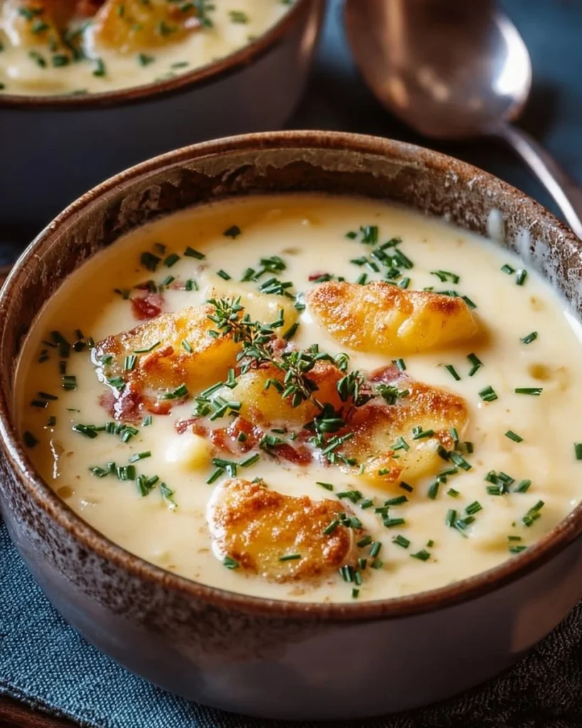 Bowl of creamy potato soup garnished with herbs, a perfect cozy dish.