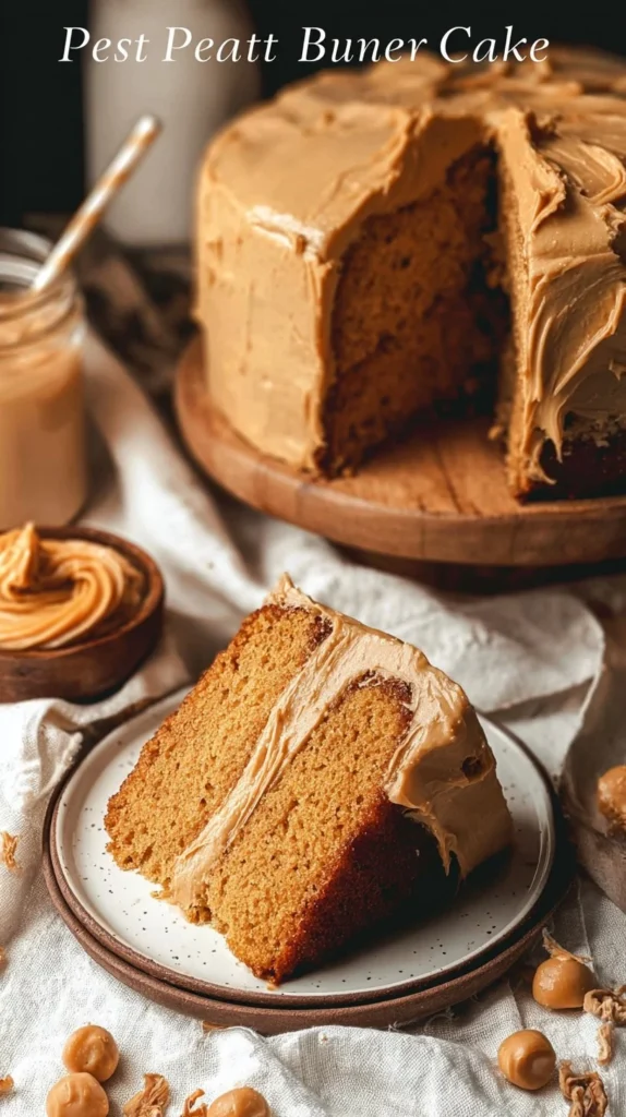 Delicious homemade peanut butter cake topped with frosting and peanuts.