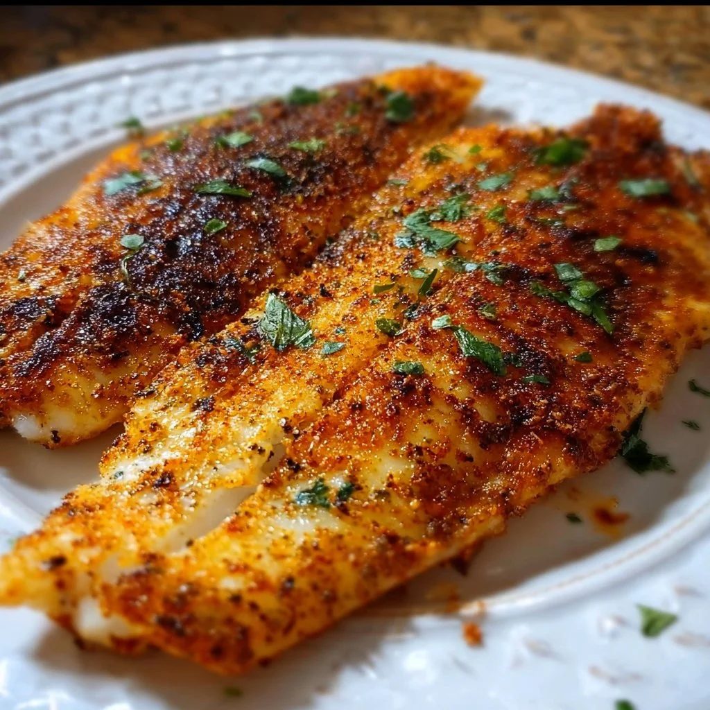 Crispy air fryer tilapia served with lemon and herbs on a plate