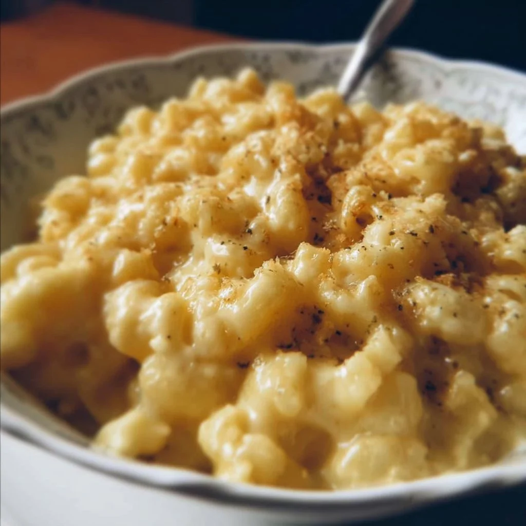 A creamy bowl of 5 Ingredient Mac and Cheese topped with melted cheese.