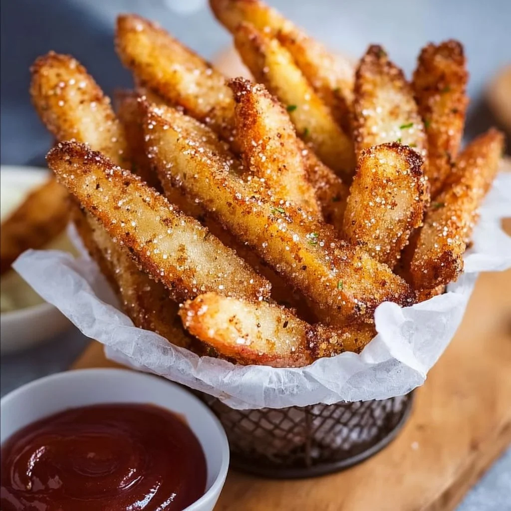 Crispy Air Fryer Apple Fries served with a side of caramel dip.