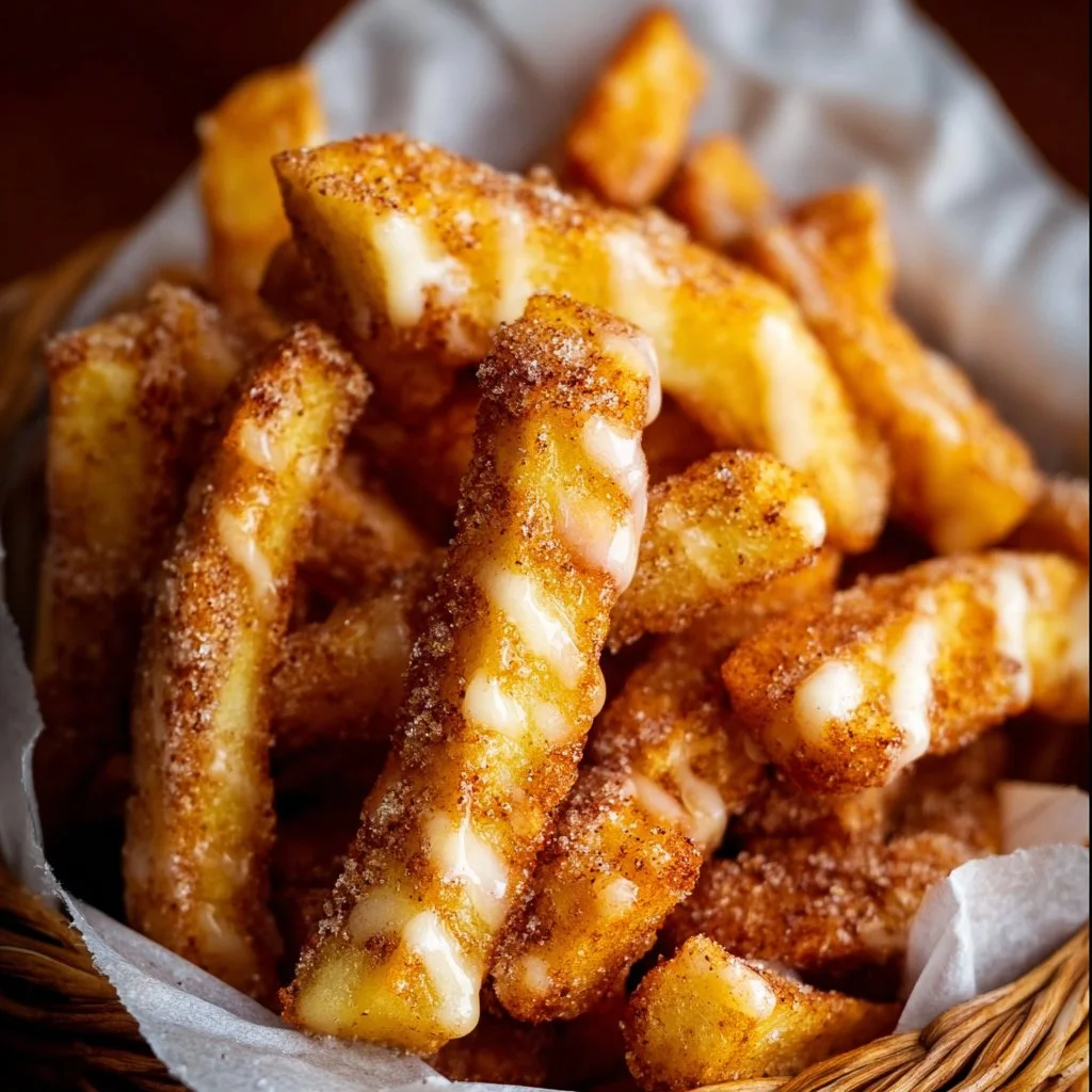 Plate of crispy air fryer apple fries with cinnamon sugar
