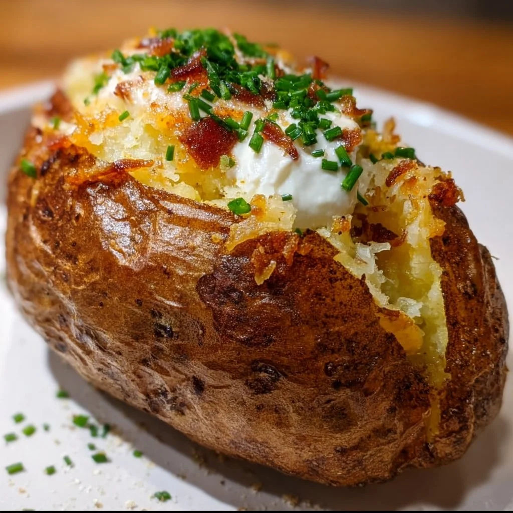 Delicious air fryer baked potato garnished with toppings