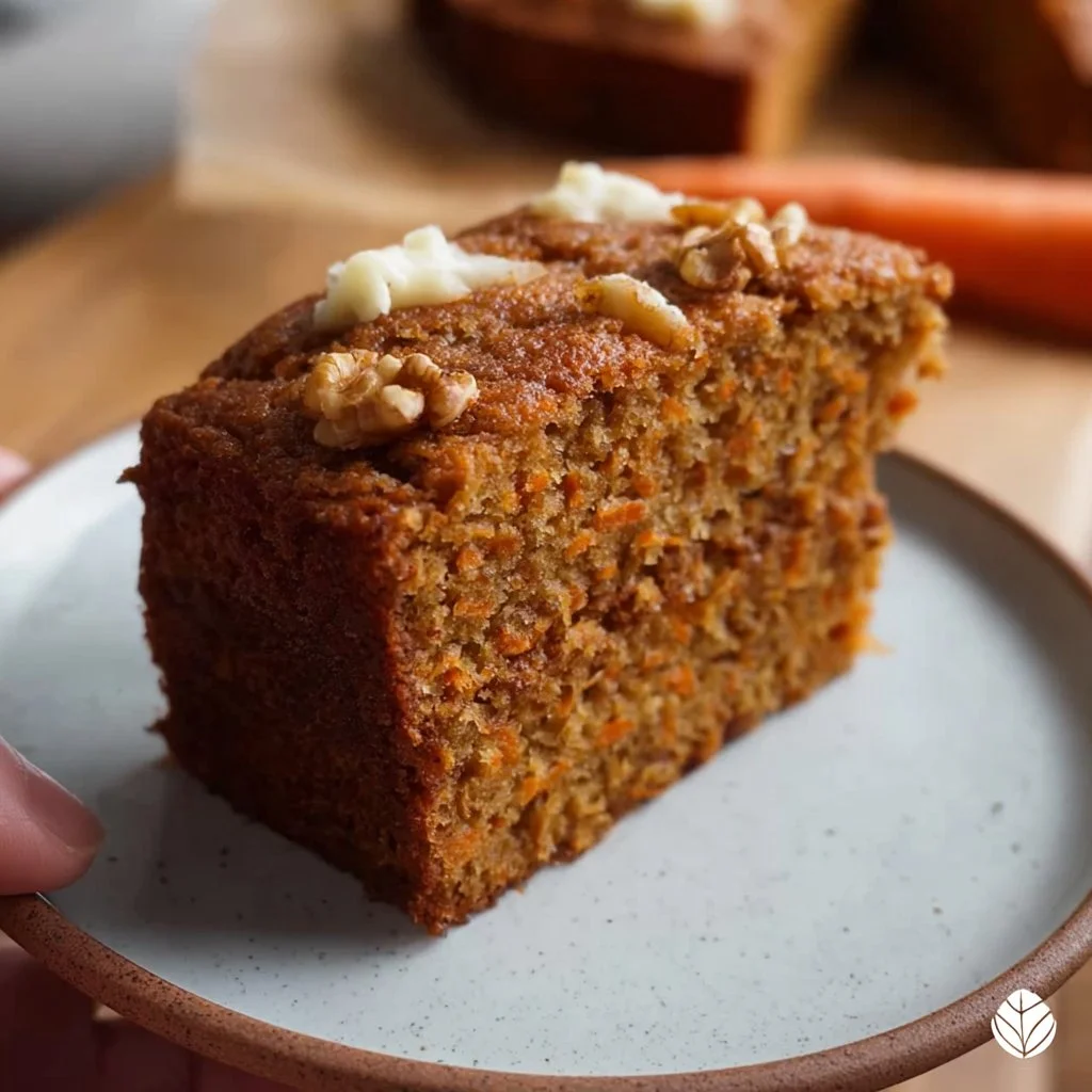 Air fryer carrot cake topped with cream cheese frosting on a decorative plate