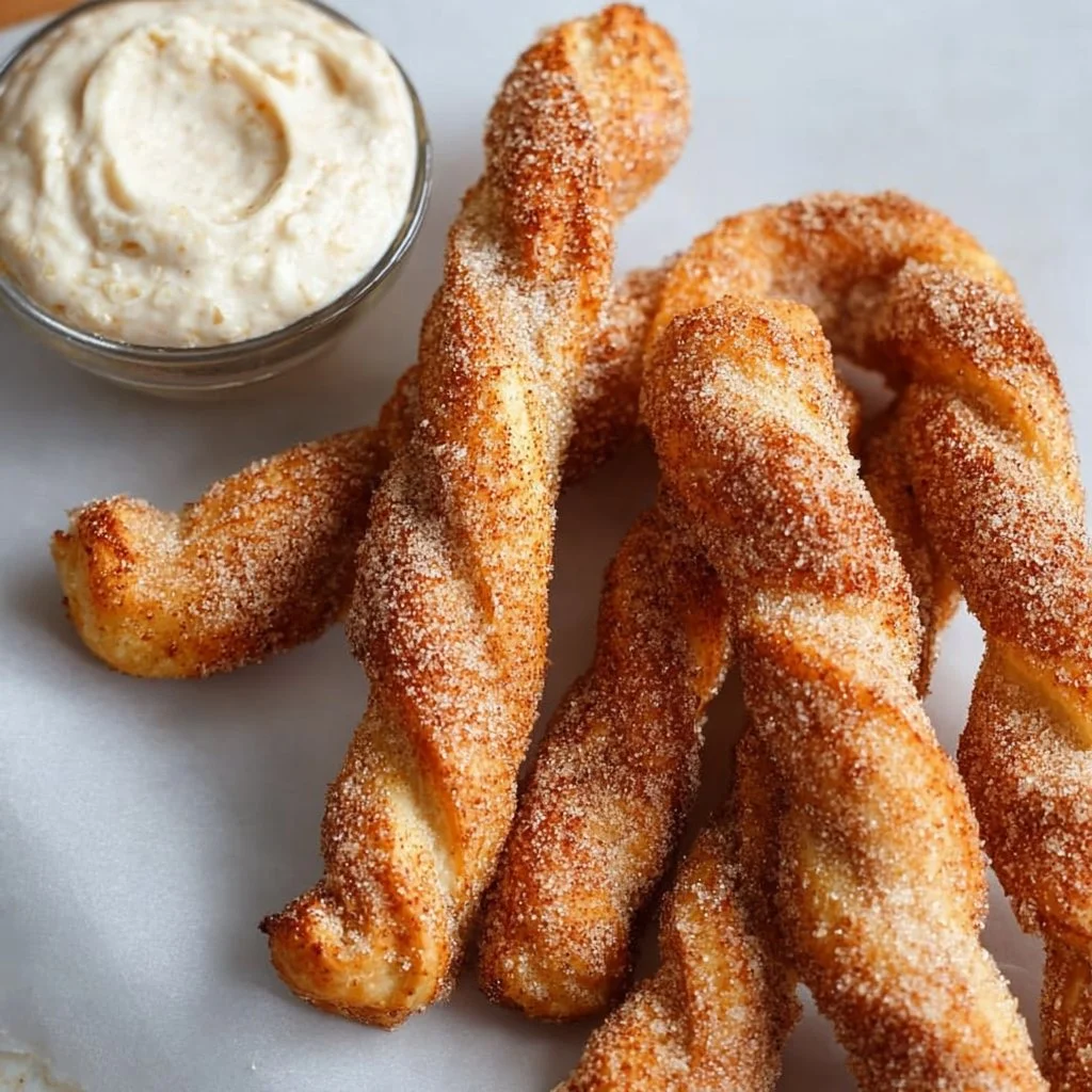 Air fryer cinnamon sugar twists served with cream cheese dip