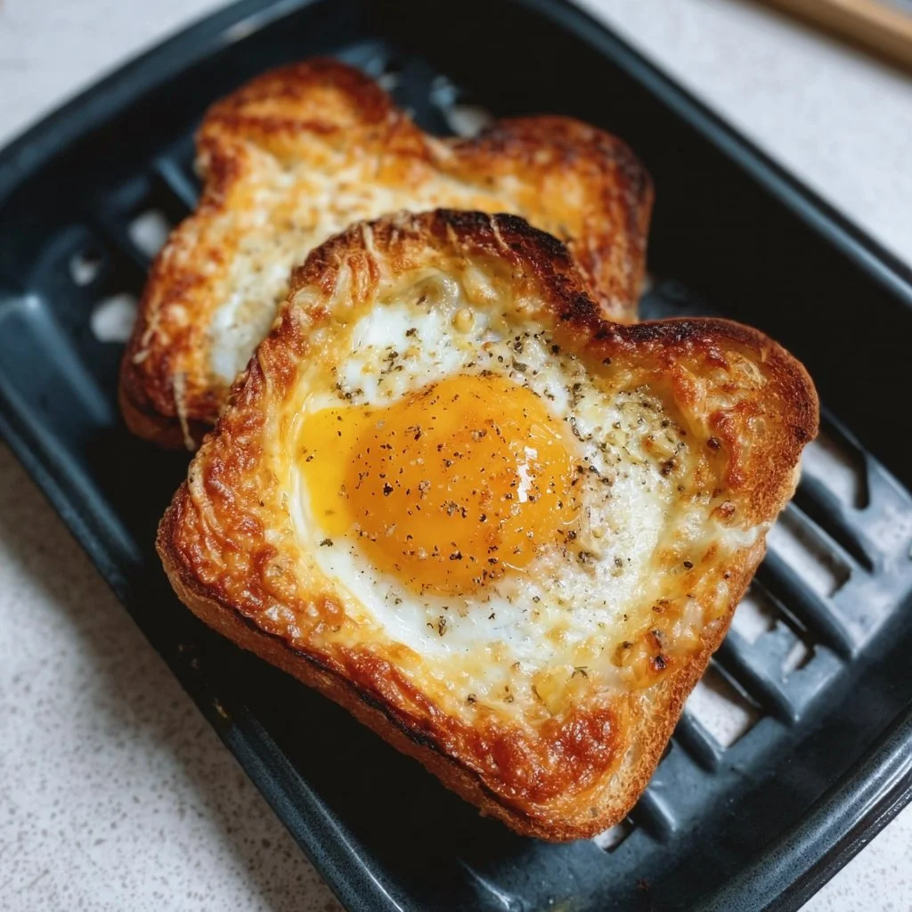 Air Fryer Egg and Cheese Toast on a plate, garnished and ready to eat.