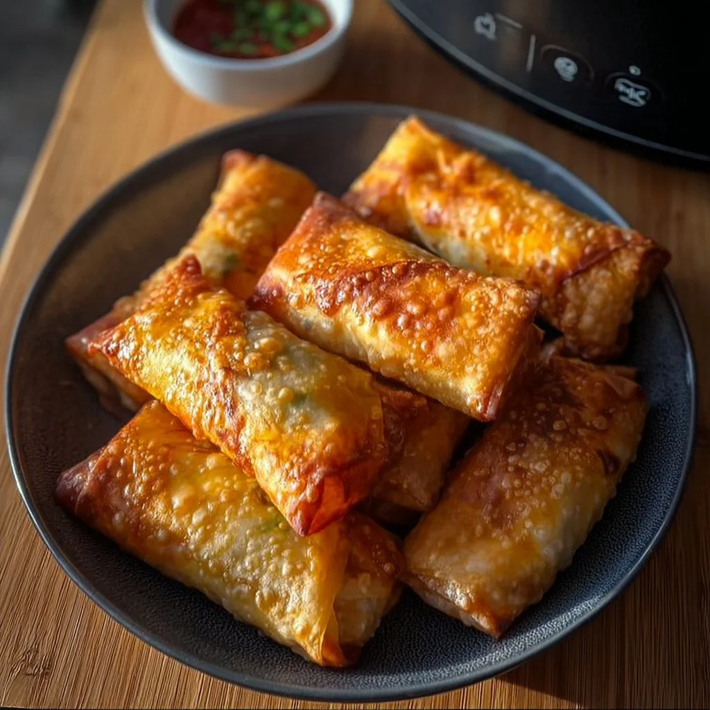 Crispy homemade air fryer egg rolls filled with veggies and protein