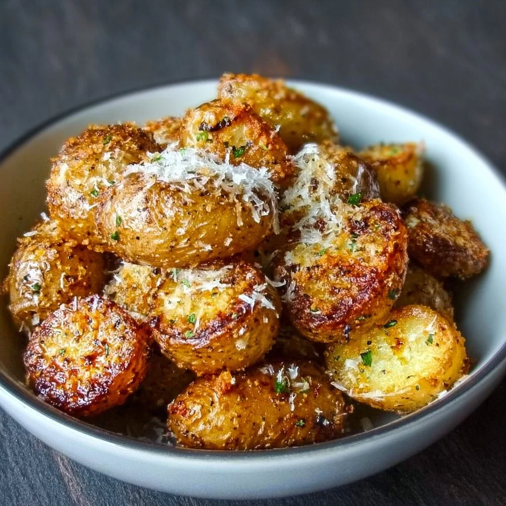 A plate of golden Air Fryer Parmesan Baby Potatoes garnished with herbs