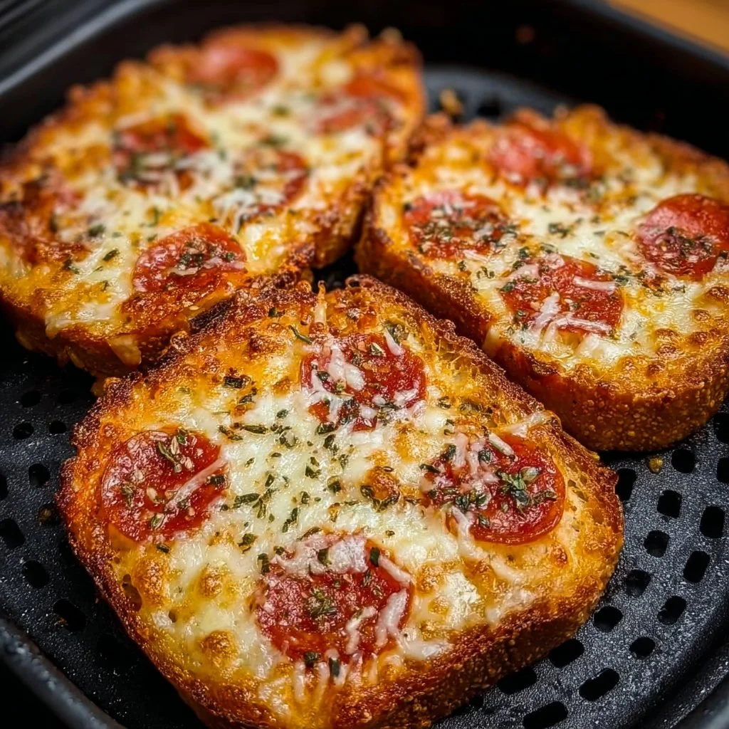 Delicious air fryer pizza toast topped with cheese and pepperoni