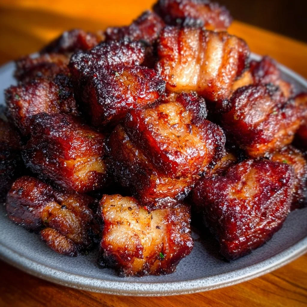 Crispy air fryer pork belly bites garnished with herbs and spices