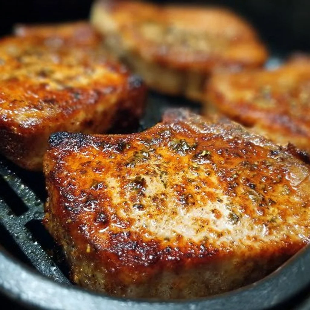 Delicious air fryer pork chops served on a plate with vegetables