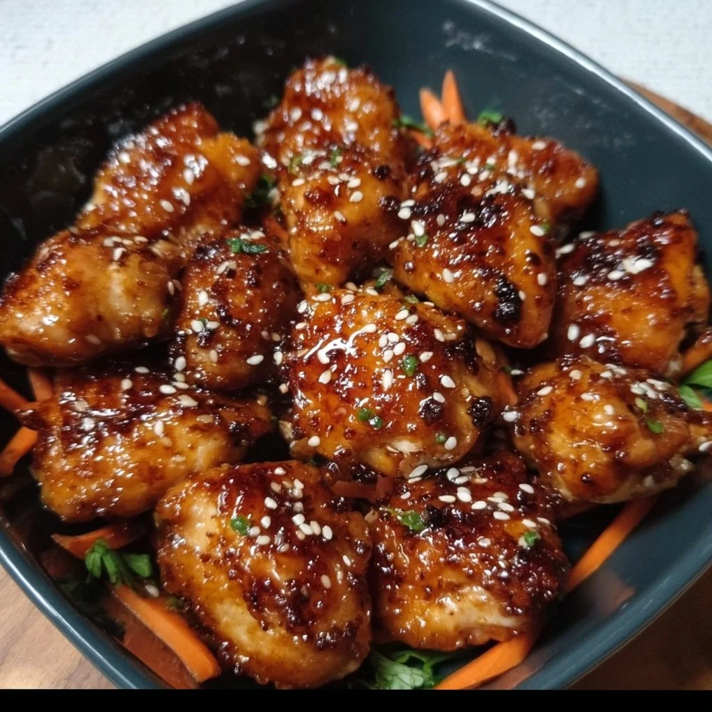 Air Fryer Teriyaki Chicken served on a plate with garnishes