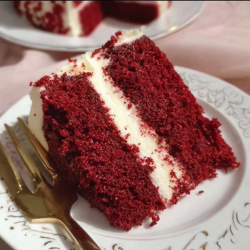 Deliciously moist and soft red velvet cake decorated with cream cheese frosting