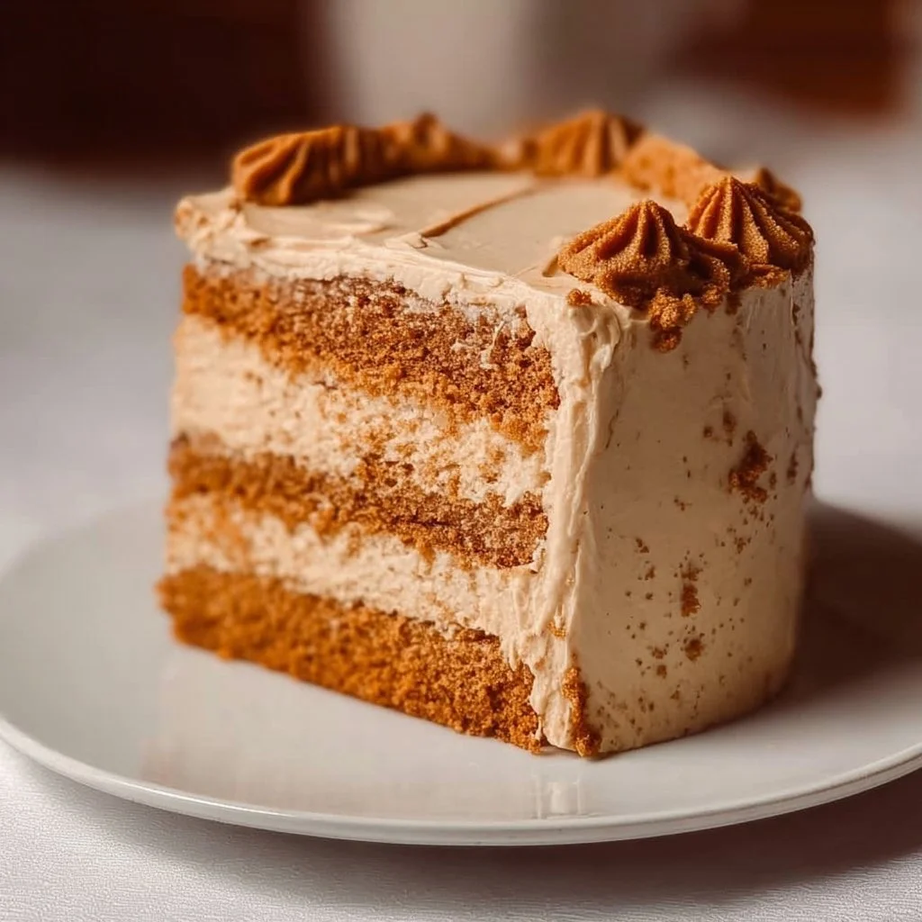 Delicious Biscoff Cookie Butter Cake topped with creamy frosting and Biscoff crumbs