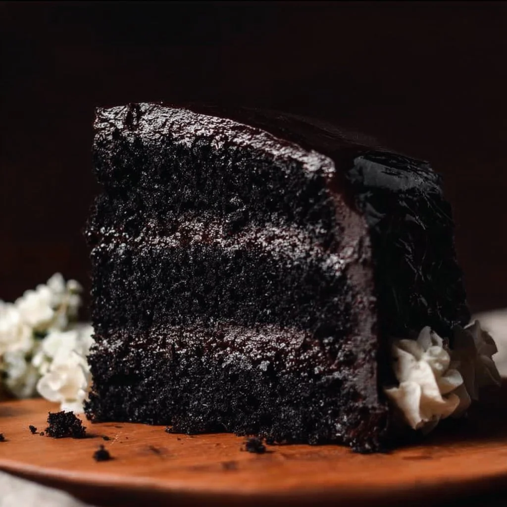 Slice of rich Black Velvet Cake with cream cheese frosting on a decorative plate