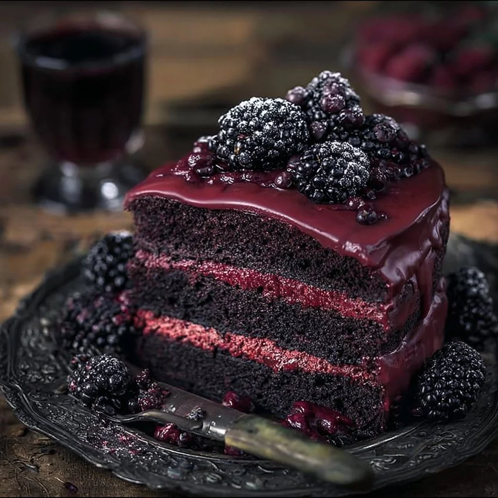 Blackberry Velvet Gothic Cake topped with blackberries and dark chocolate finishing