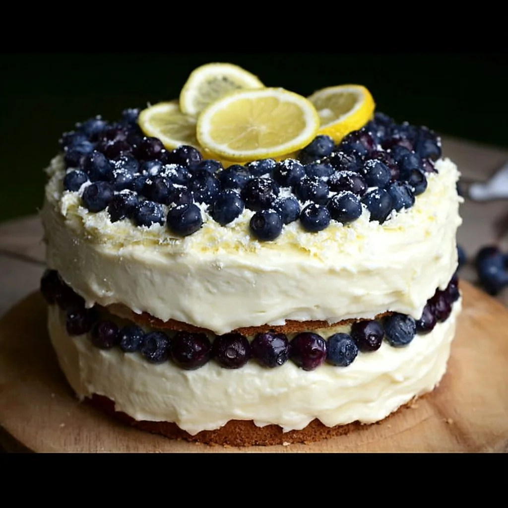 Delicious blueberry cake with lemon cream cheese frosting on a rustic table