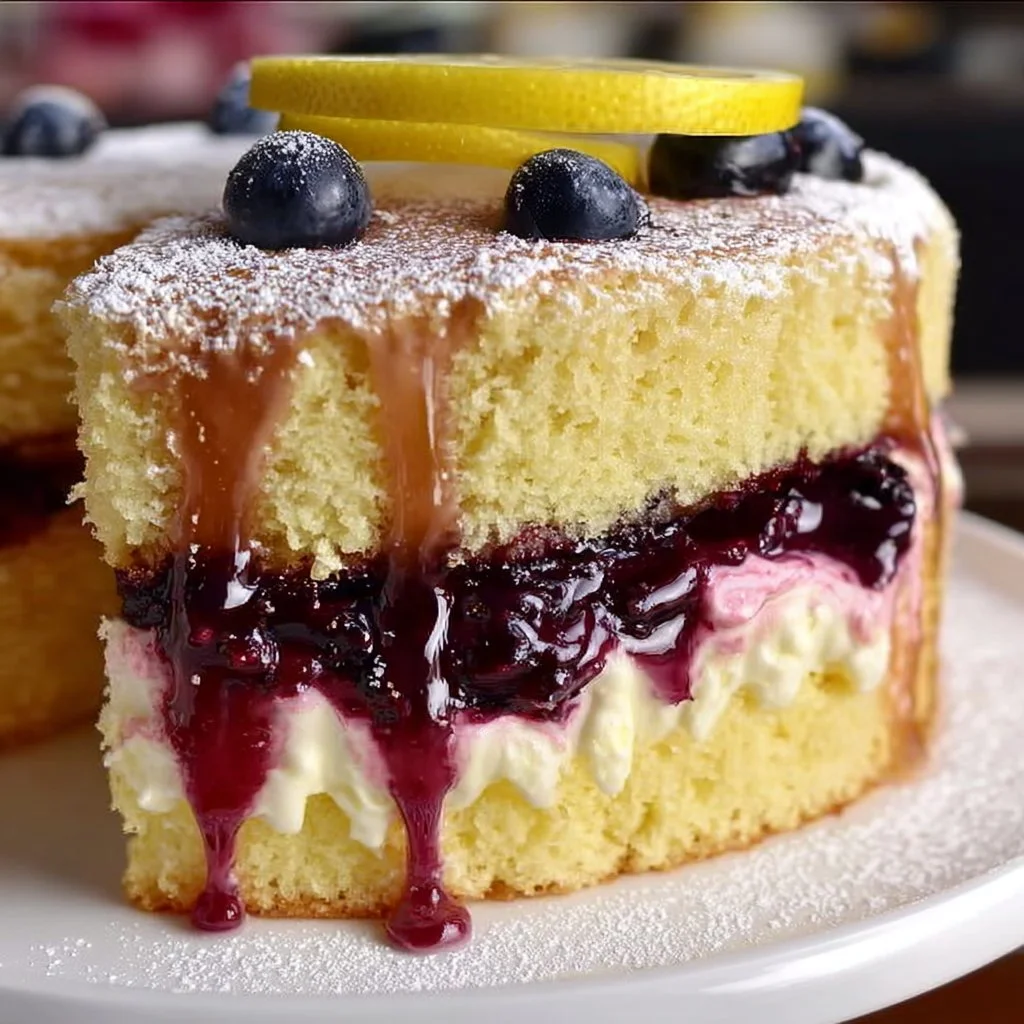A delicious blueberry lemon curd cake topped with fresh blueberries and lemon zest.