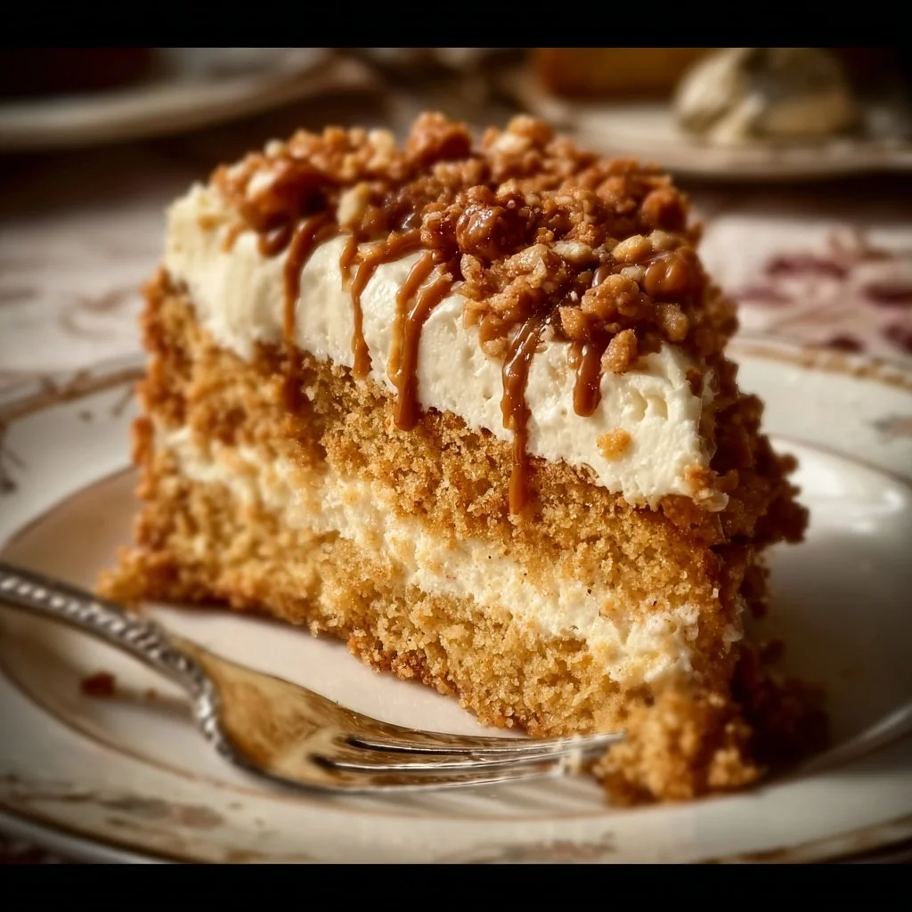 Delicious slice of Butterscotch Crunch Cake with crunchy topping