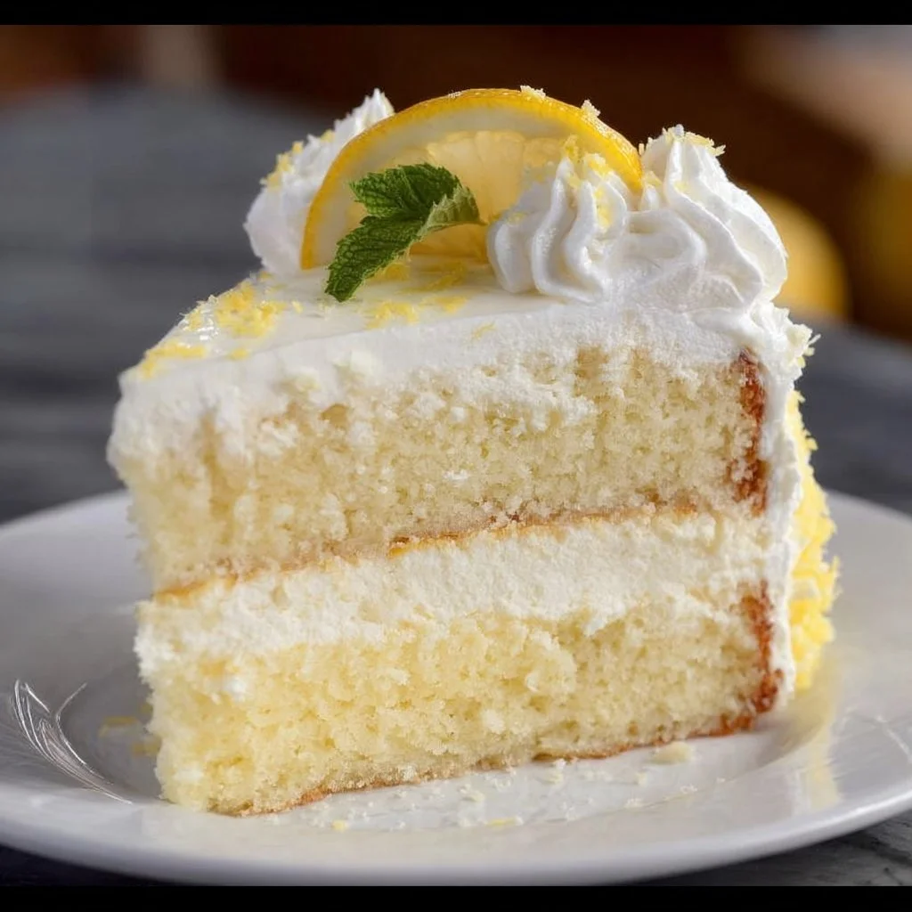 Cheesecake Factory Italian Lemon Cream Cake with lemon garnish and creamy layers