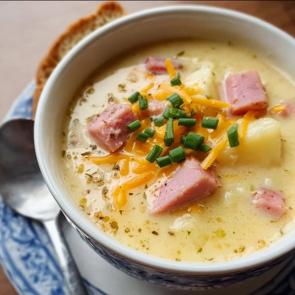 Cheesy Crockpot Potato Soup with Ham served in a bowl, garnished with herbs.