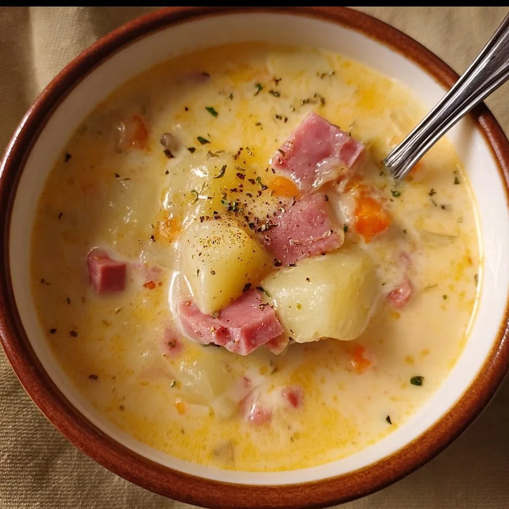 Bowl of cheesy ham and potato soup with garnishes on a wooden table