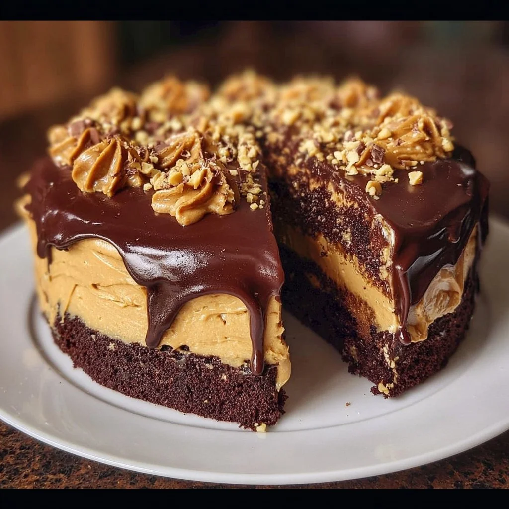 Delicious Chocolate Peanut Butter Cake topped with creamy frosting and chocolate drizzle