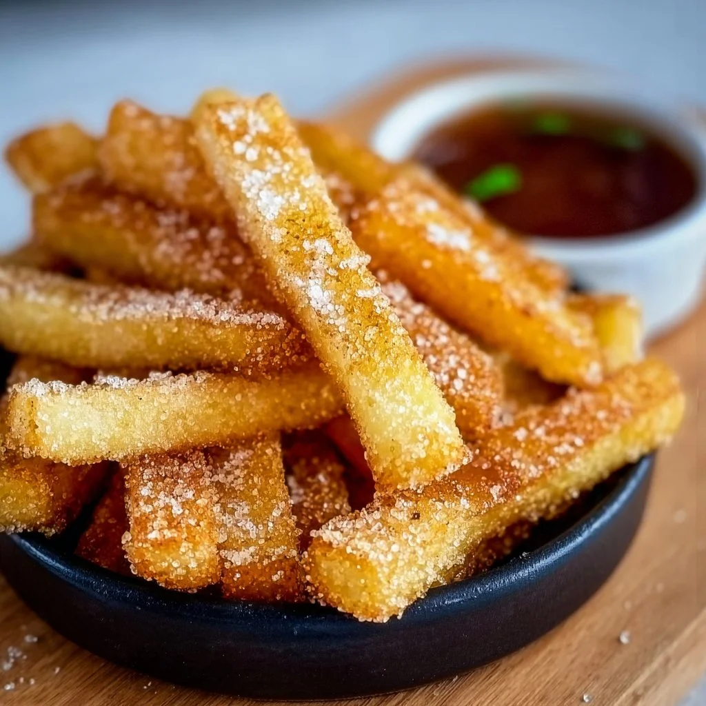 Crispy air fryer apple fries served in a bowl with cinnamon sugar