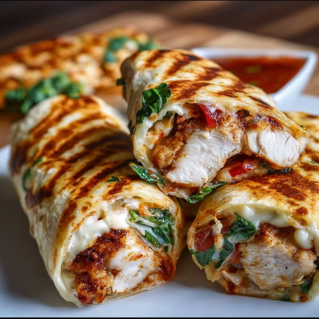 Crispy air fryer chicken and mozzarella wraps on a plate with fresh ingredients