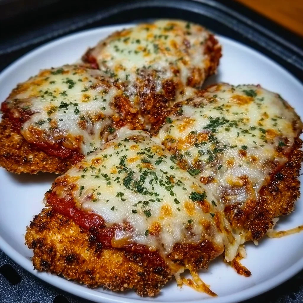 Crispy Air Fryer Chicken Parmesan served with marinara sauce and basil