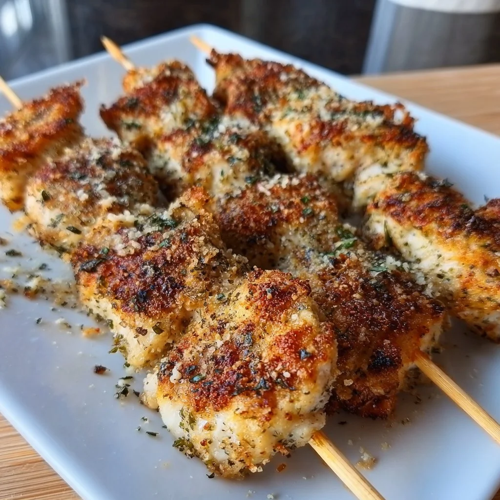 Crispy air fryer garlic parmesan chicken skewers ready to serve
