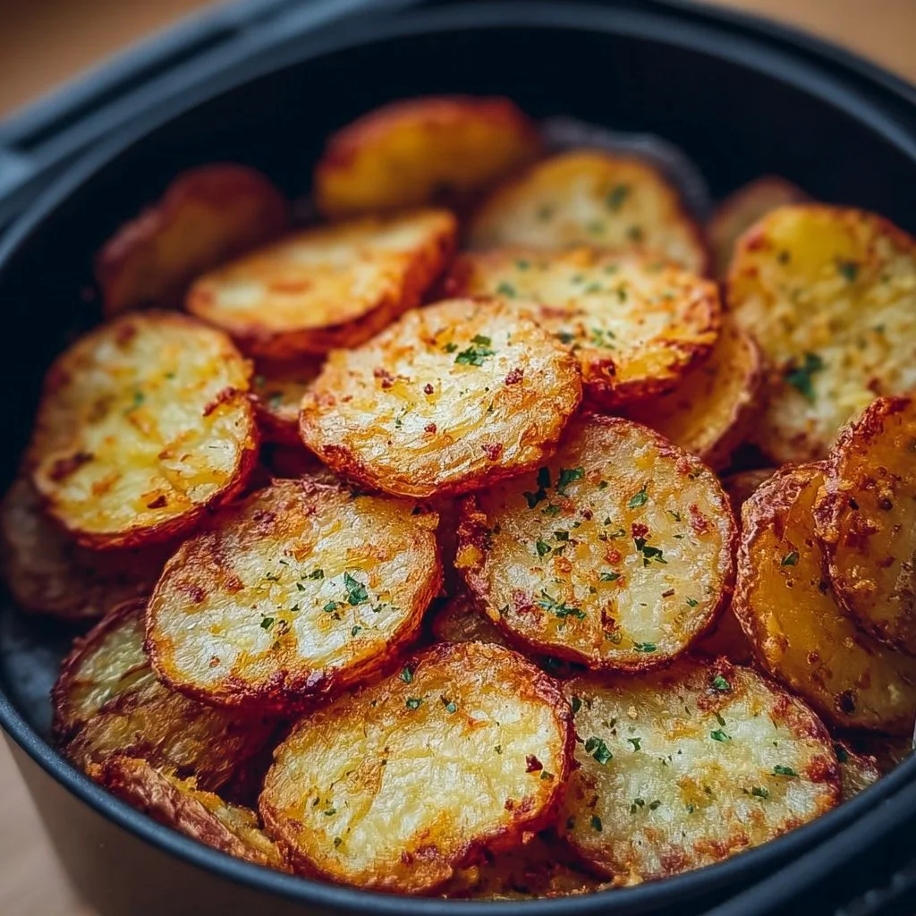 Crispy air fryer potato slices served on a plate with dipping sauce