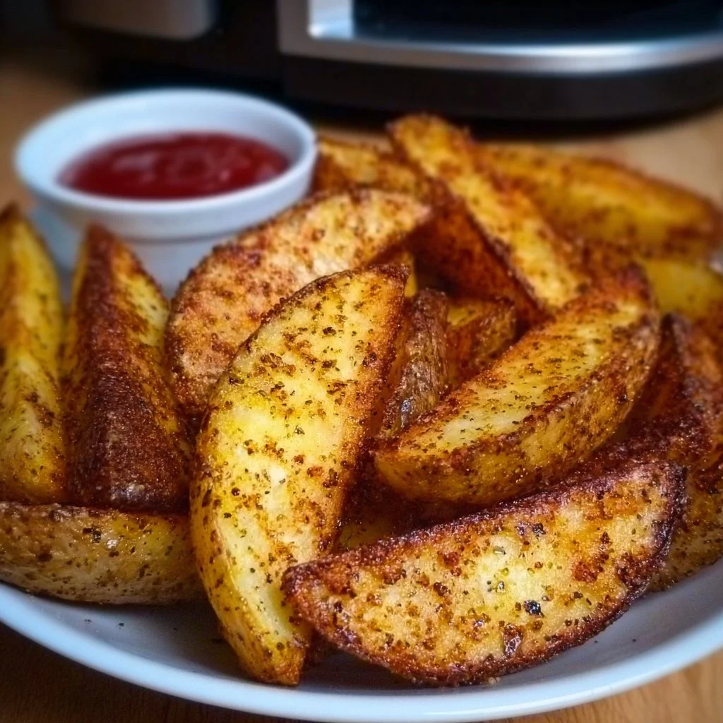 Crispy air fryer potato wedges served on a plate with herbs