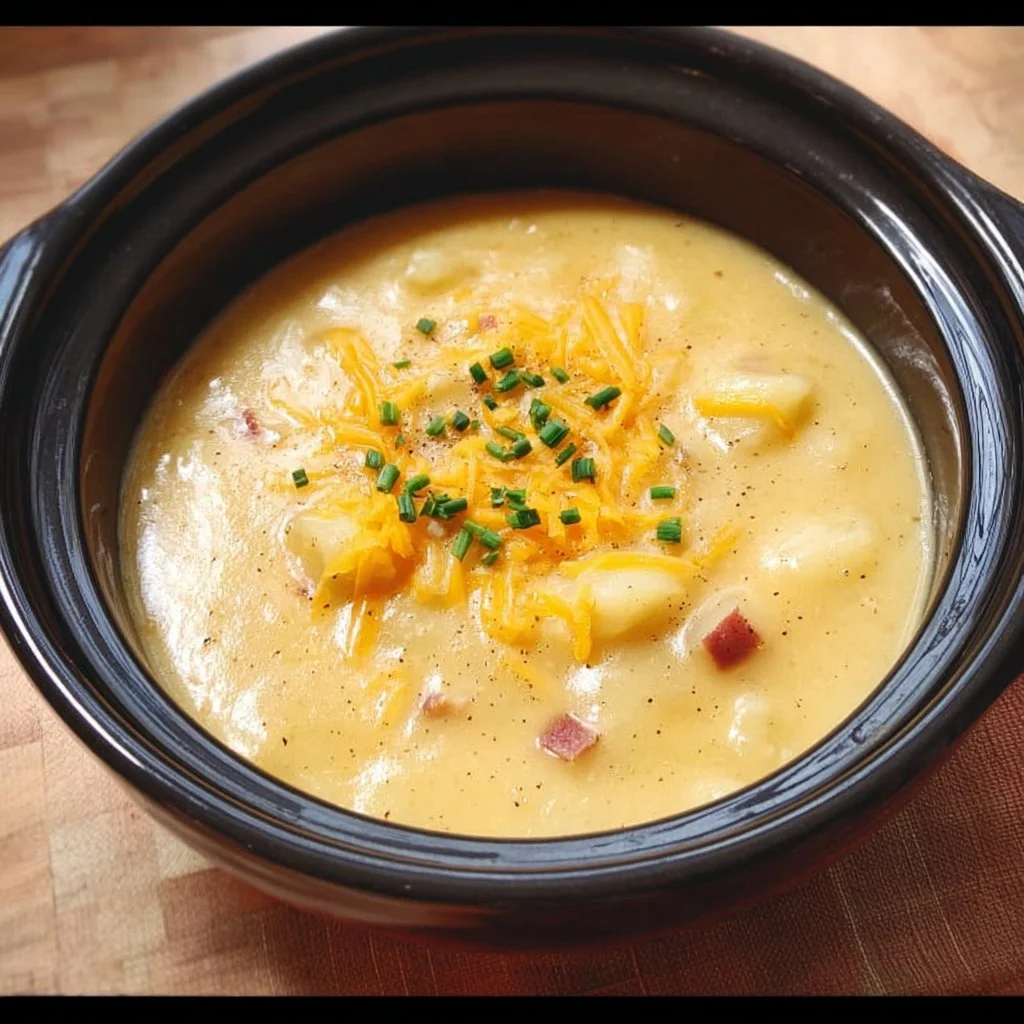 Bowl of creamy Crockpot Potato Soup garnished with herbs