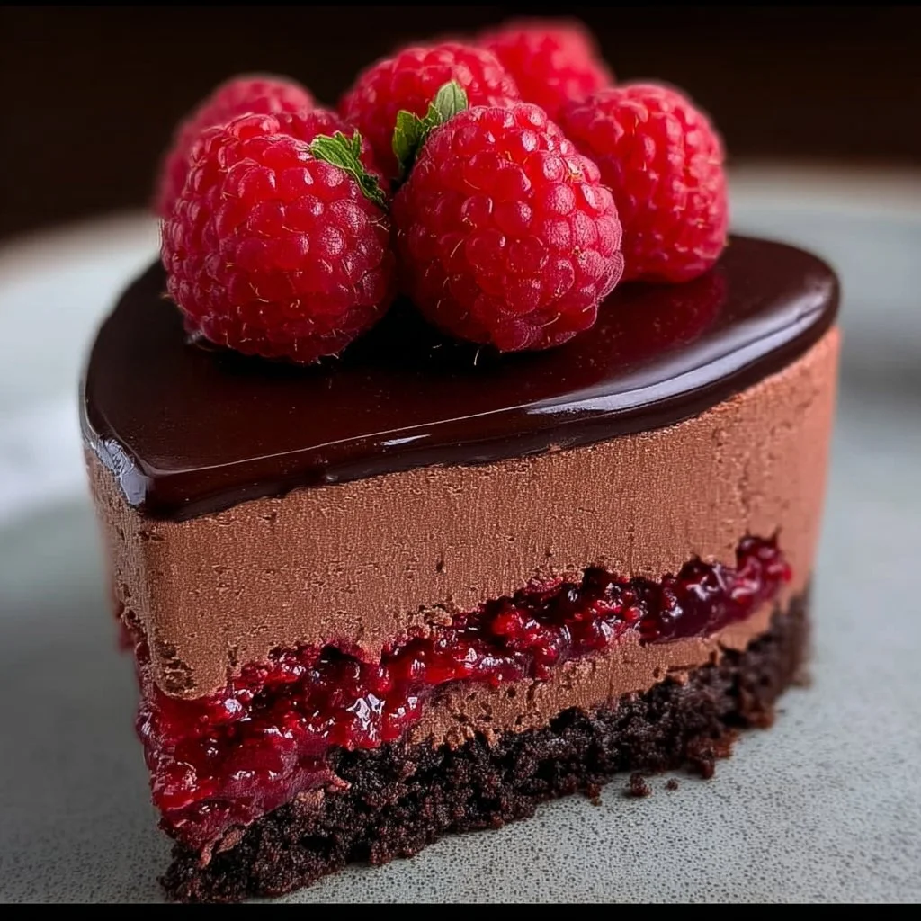 Dark Chocolate Raspberry Mousse Cake with rich topping and fresh raspberries