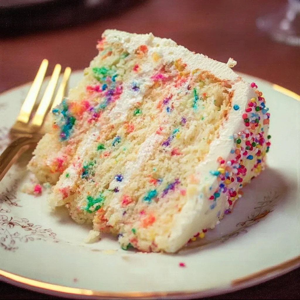 Delicious Funfetti Layer Cake adorned with colorful sprinkles.