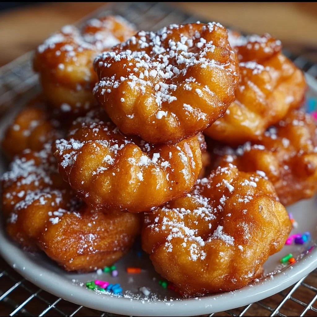 Delicious funnel cake donut topped with powdered sugar on a plate.