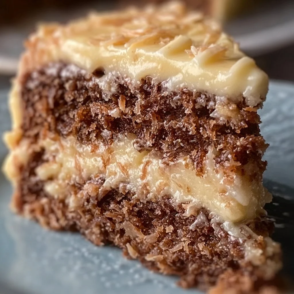 Delicious German Chocolate Cake topped with coconut and pecan frosting.