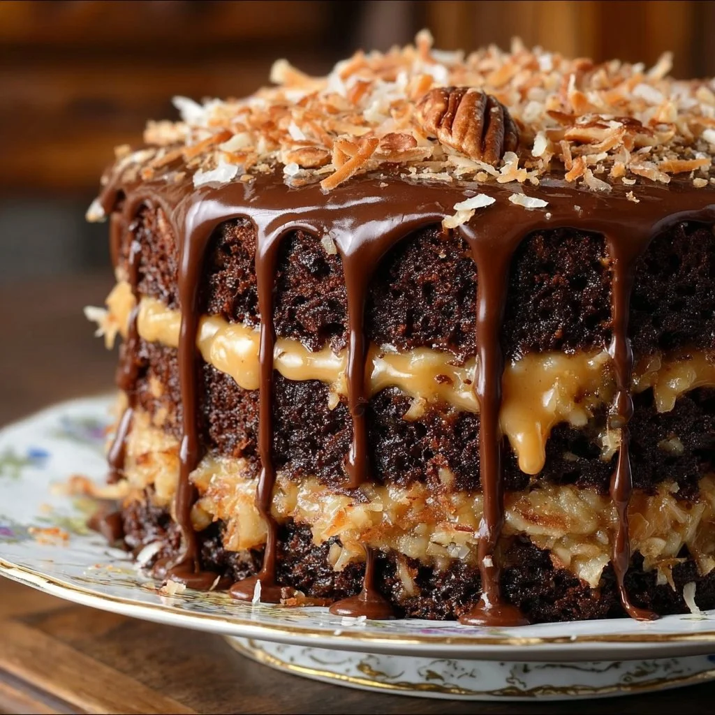 Deliciously decadent German chocolate cake with rich chocolate frosting