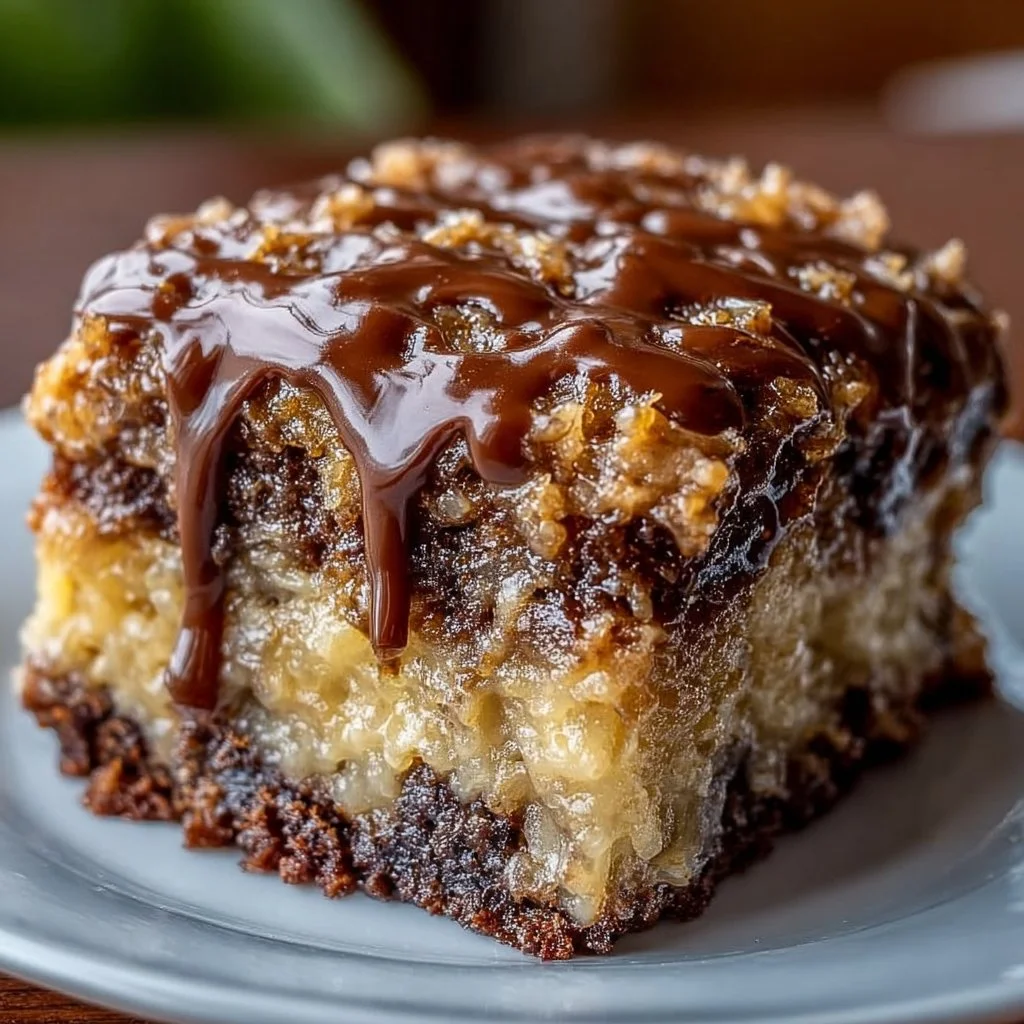 Delicious German Chocolate Poke Cake topped with coconut and pecan frosting