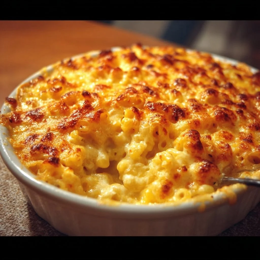 Bowl of homemade mac and cheese with melted cheese and pasta.