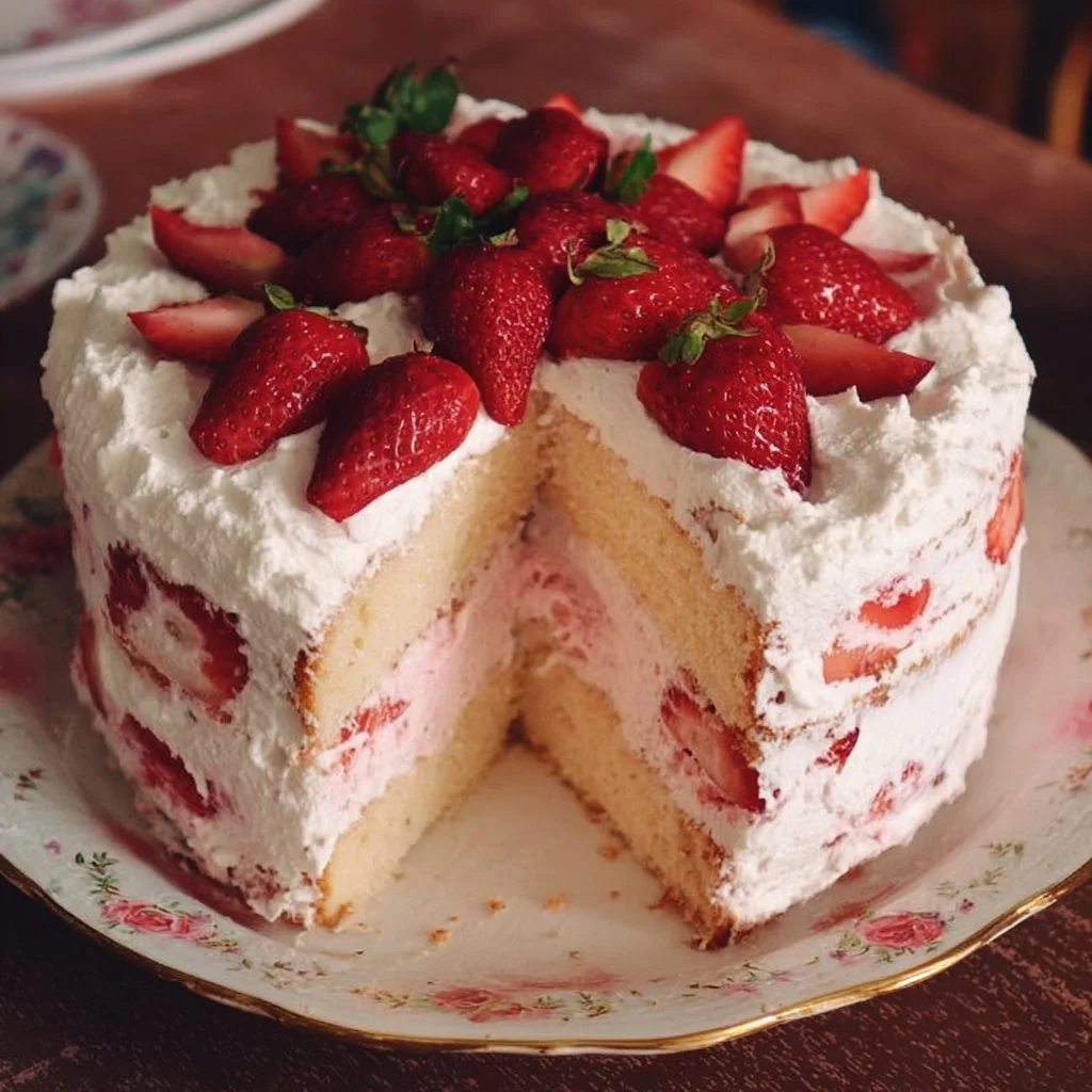Delicious homemade strawberry cake with fresh strawberries and whipped cream on top