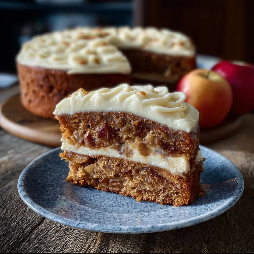 Delicious fresh apple cake with cream cheese frosting on a rustic table