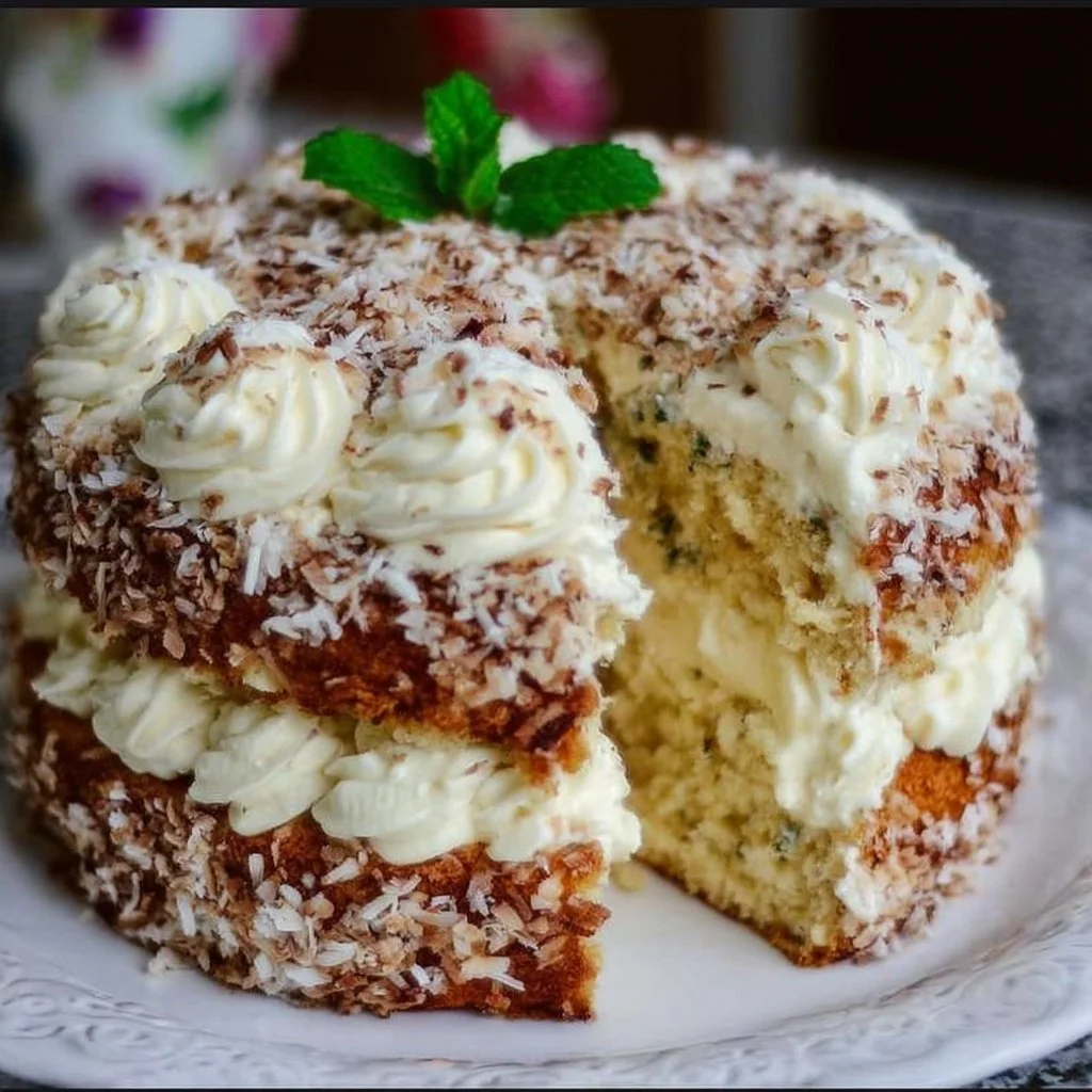 Sliced Italian Cream Cake with coconut and pecans on a rustic table