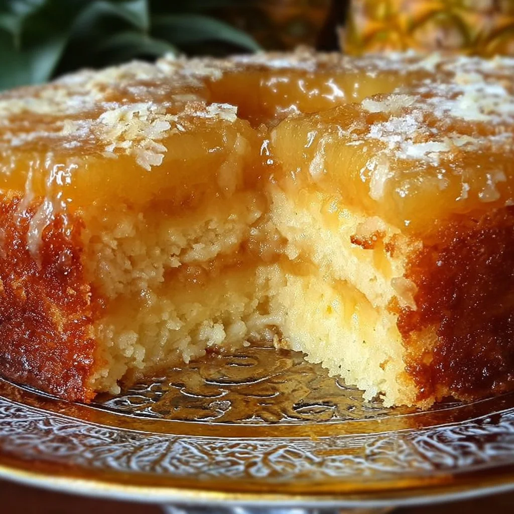 Juicy Pineapple Heaven Cake topped with fresh pineapple and cream