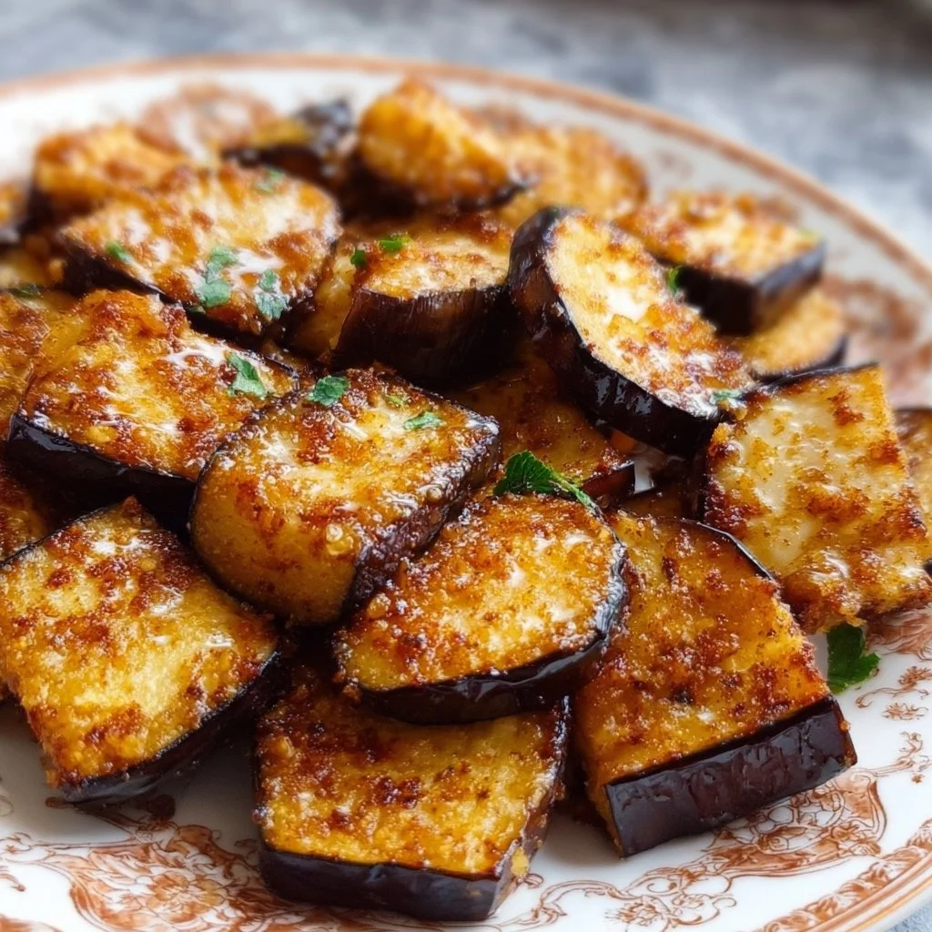 Low-calorie air fryer eggplant dish served on a plate with herbs.