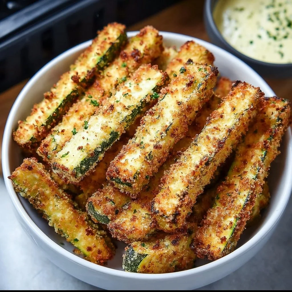 Low calorie air fryer zucchini fries served in a bowl