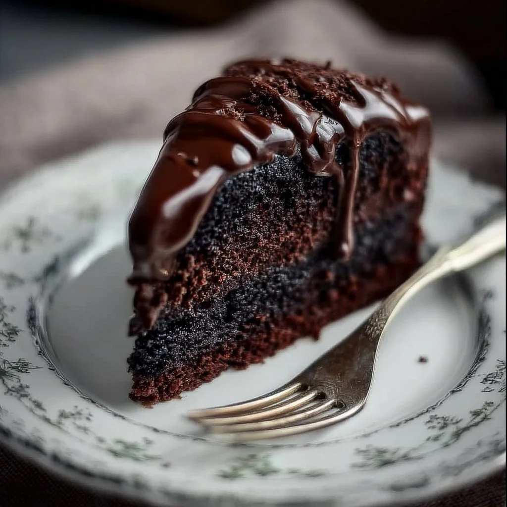 Deliciously rich Midnight Fudge Cake topped with chocolate ganache.