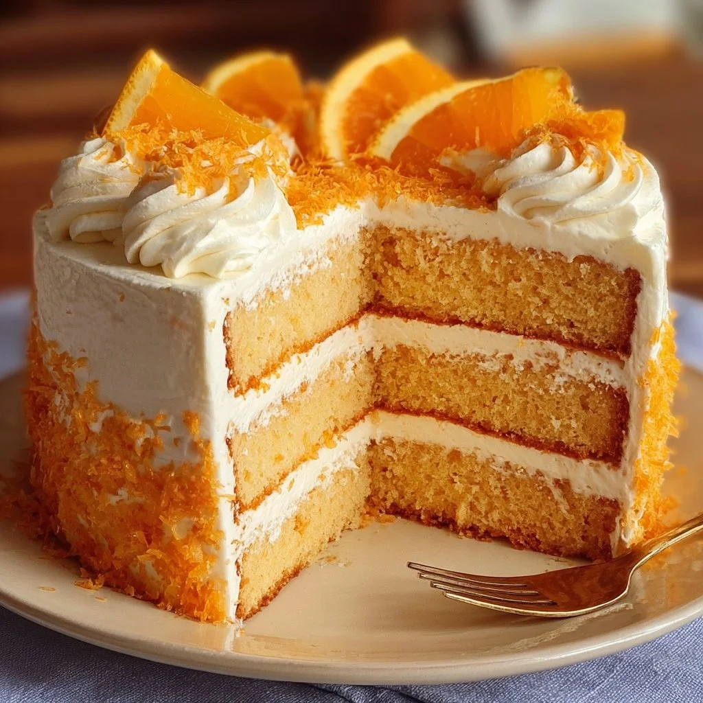 Slice of delicious Orange Creamsicle Cake with orange frosting and cream filling