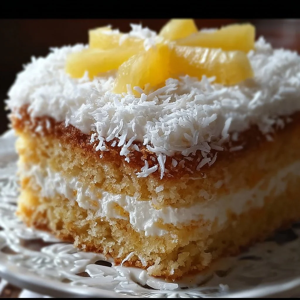 Delicious Pineapple Coconut Dream Cake topped with coconut flakes and pineapple slices